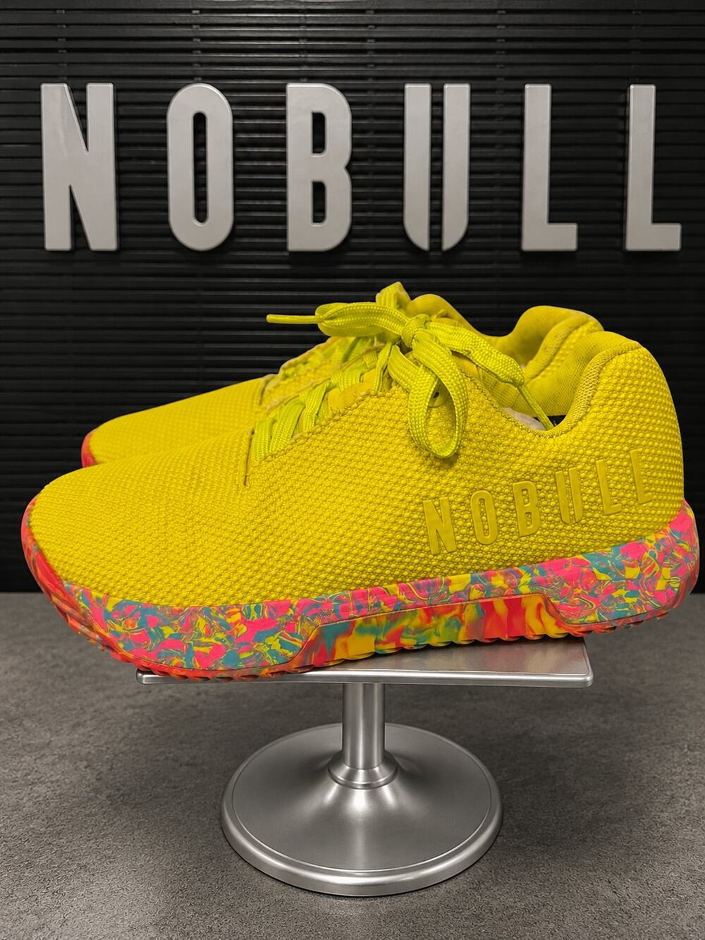 NOBULL Neon Yellow Knit Training Shoes Rainbow Marble Sole Women’s Sz 7.5